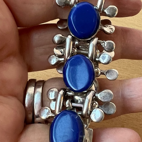 VINTAGE DESIGNER BLUE LAPIS STERLING SILVER BRACELET MADE IN MEXICO 43GRAM HEAVY